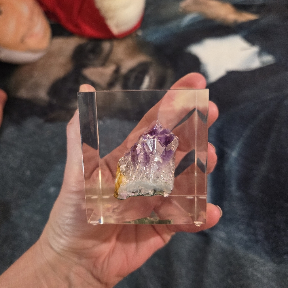 Vintage Crystal Rock Paperweight with Purple and Yellow Accents - Picture 3 of 7